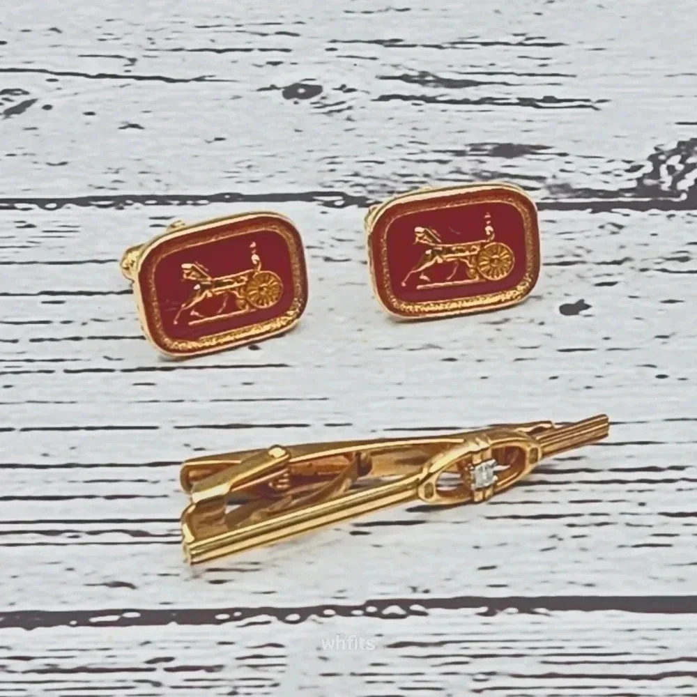 Celine Gold and Burgundy Cufflinks and Tie Bar Set